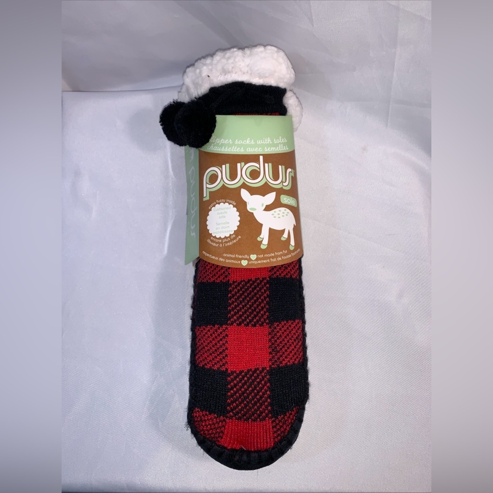 Pudus Red and Black Plaid Fluffy Slipper Socks M/L W:8-11 NEW Faux Fur Lined